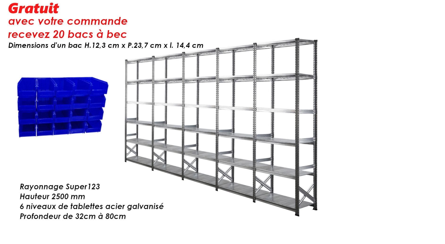 Rayonnage métallique - 5 Eléments 1.20 m + 20 BACS OFFERTS