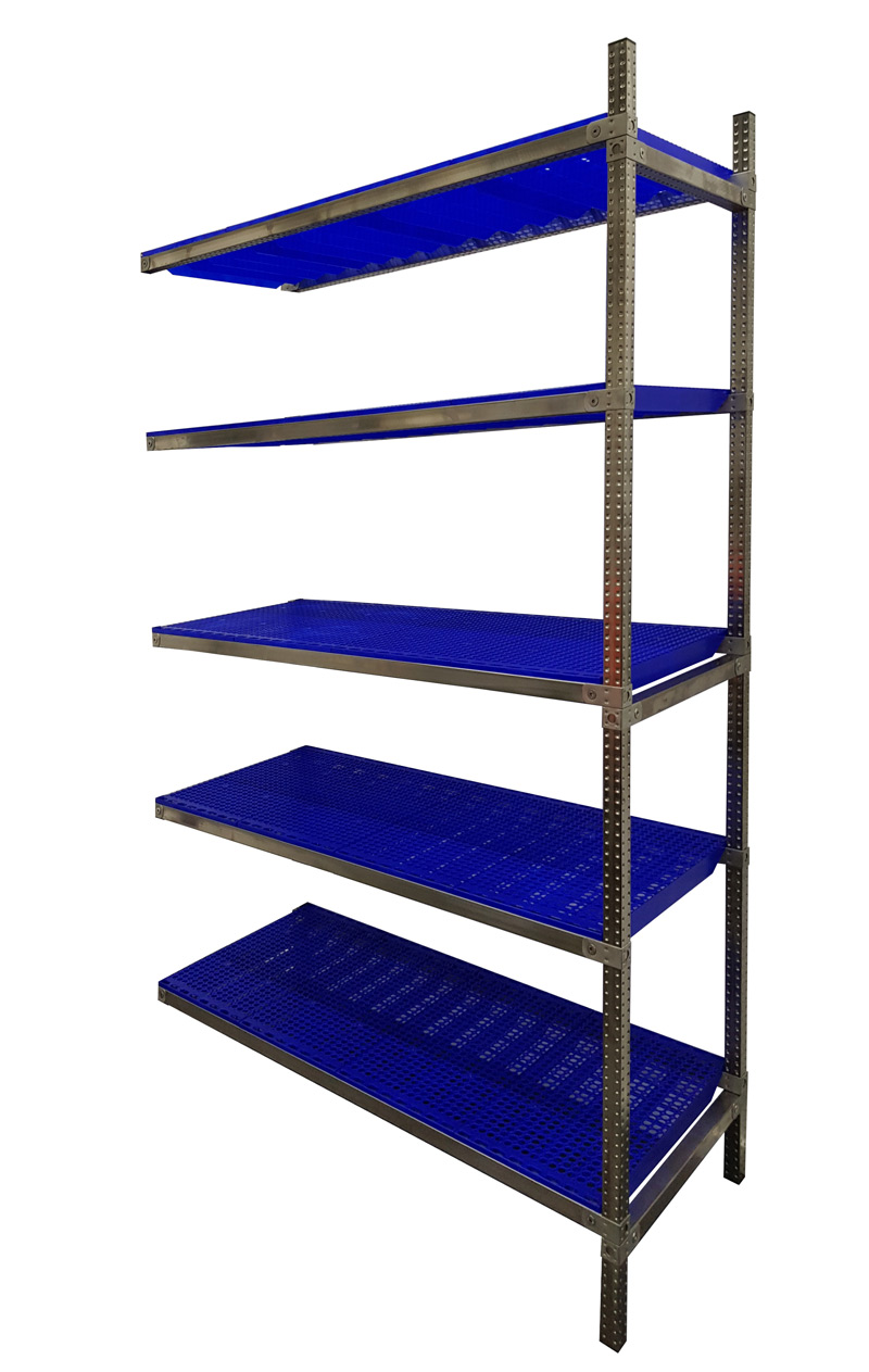 Rayonnage Inox - Elém. Suivant PP Bleu  - 5 Niveaux Tablettes