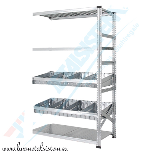 Rayonnage Elément Suivant avec Bacs Modulaires - H : 1.97 m - 2 niveaux bacs