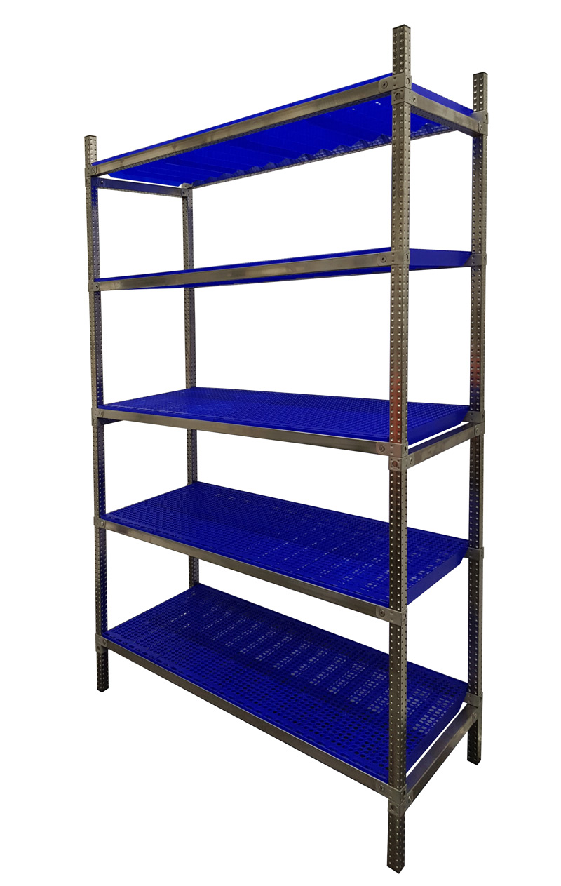 Rayonnage Inox - Elém. Départ PP Bleu  - 5 Niveaux Tablettes