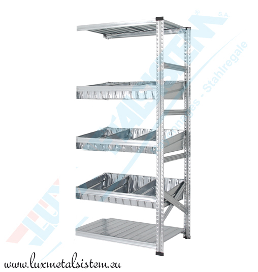 Rayonnage Elément Suivant avec Bacs Modulaires - H : 1.97 m - 3 niveaux bacs