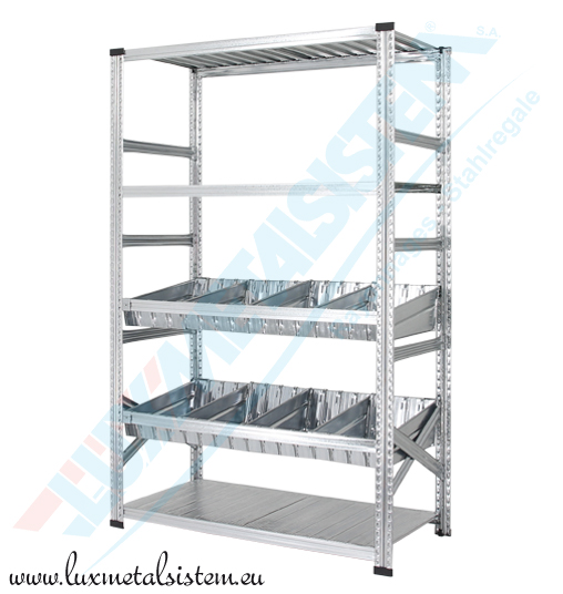 Rayonnage Elément Départ avec Bacs Modulaires - H : 1.97 m - 2 niveaux bacs